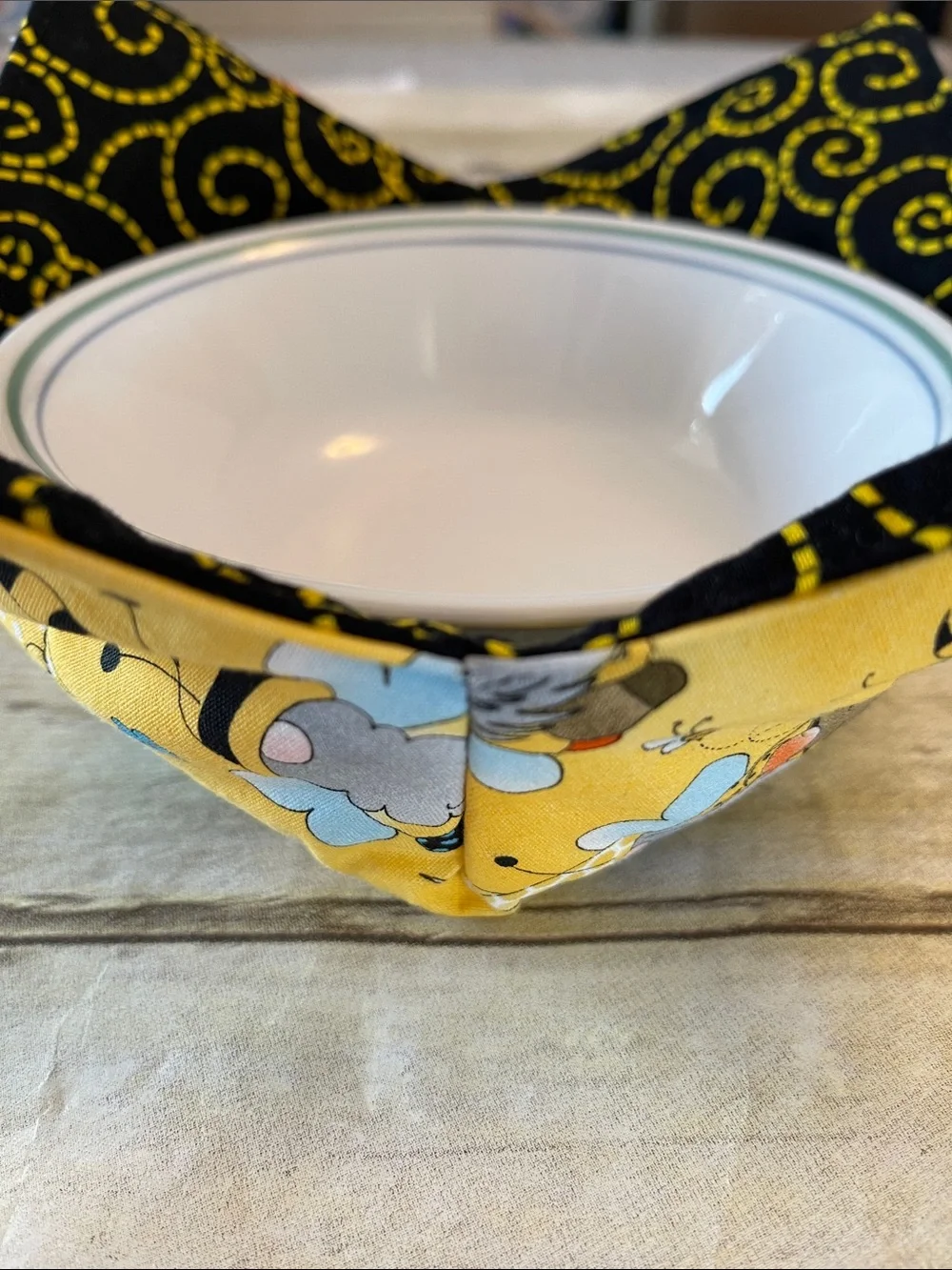 Microwave/Ice Cream Bowl Cozy Reversible Fabric Bowl Gnomes & Bees